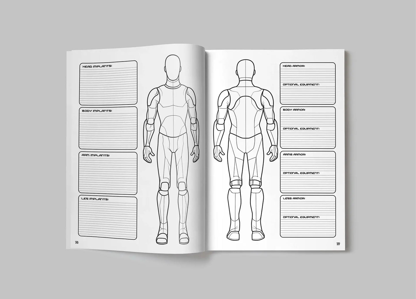 Open book showing a design template for a superhero suit with labeled sections on a gray background. fernflowerpress.com