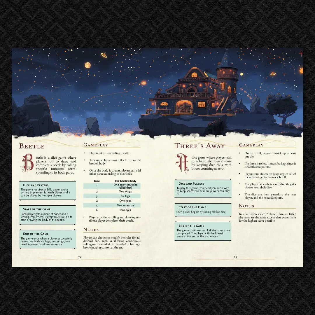 Book spread from "100 Games for your 5E Adventures, RPGs, and TTRPGs" on fernflowerpress.com, featuring detailed illustrated rules and gameplay for the classic card game Faro. Perfect for dnd books 5e fans, tabletop gamers, and anyone seeking new content for their dnd books, dnd 5e books, and dnd monsters collections. Includes game setup, playthrough examples fernflowerpress.com