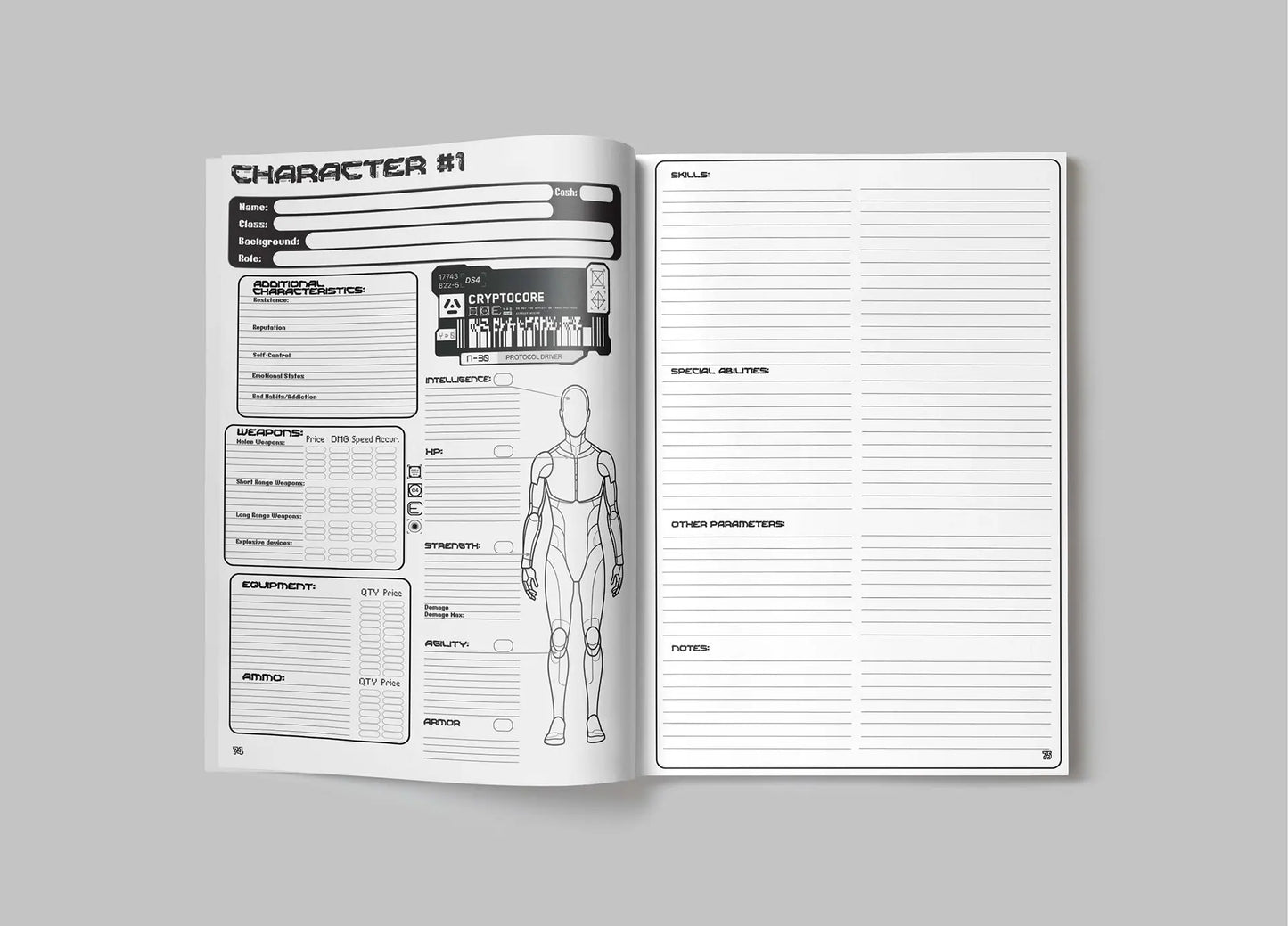 Open notebook with character design and profile pages on a gray background fernflowerpress.com