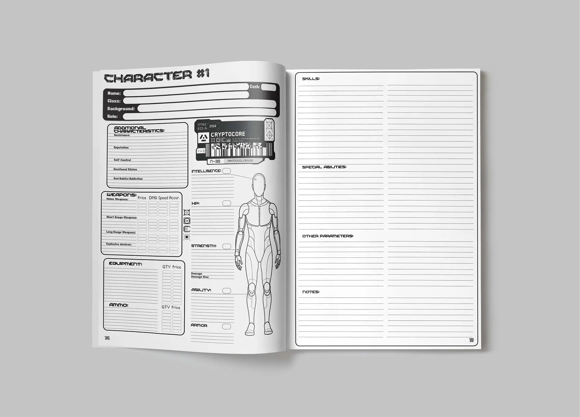 Open notebook with character design and profile pages on a gray background fernflowerpress.com