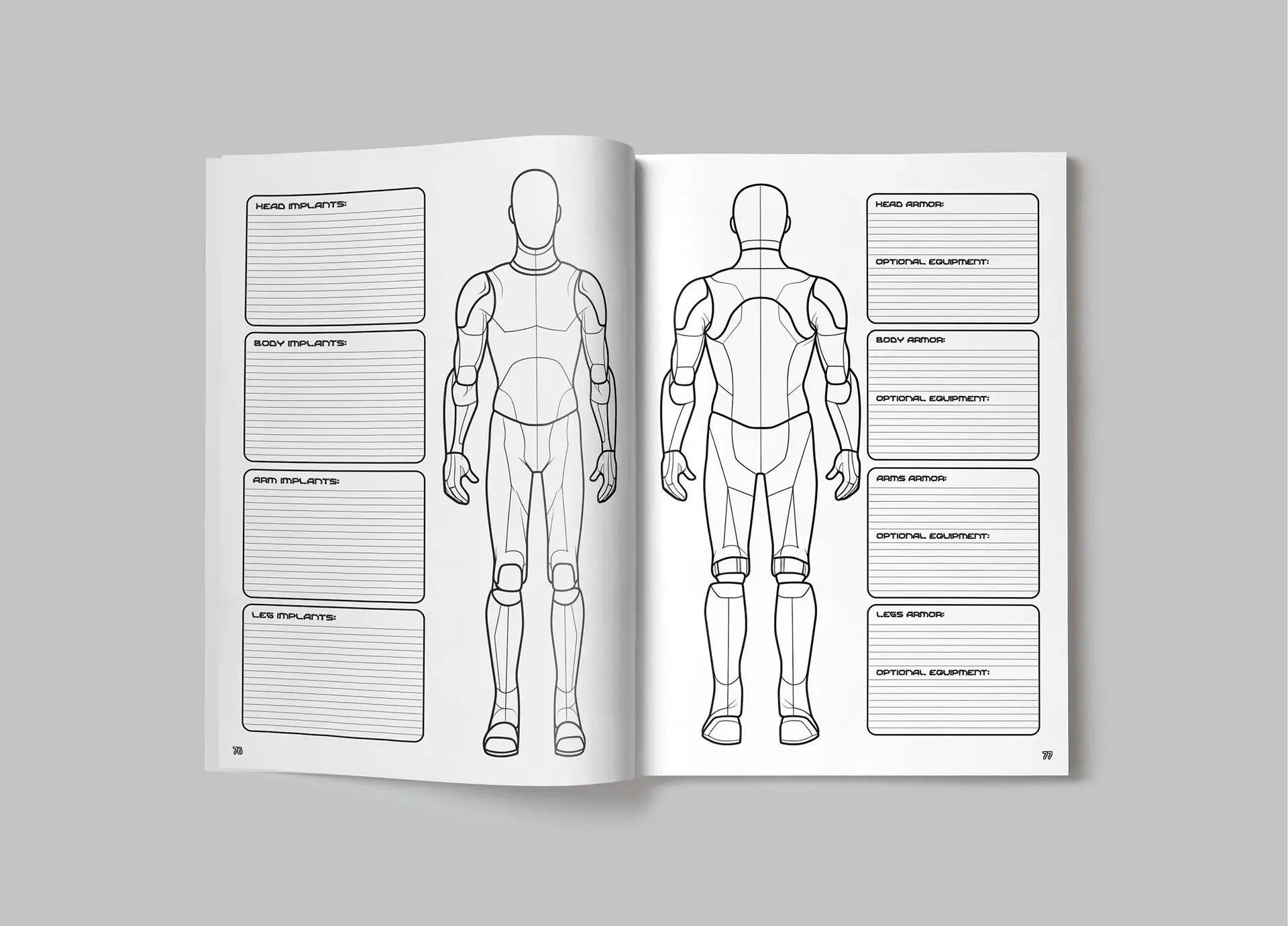 Open book showing a design template for a superhero suit with labeled sections on a gray background. fernflowerpress.com