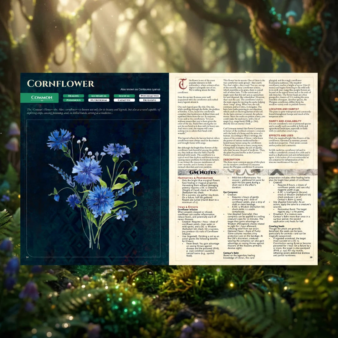 A detailed book spread from Witch's Herbs 5E by fernflower featuring the Cornflower. Acting as a comprehensive herbal tool, the left page shares botanical folklore and an expansive herb list of dnd herbs for any master herbalist. The right page provides robust mechanics for the 5e herbalism kit and alchemist supplies. Discover how an alchemist or herbalist can use their herbalism skills to craft a standard healing potion, a healing potion 5e, a greater healing potion, and other powerful dnd healing potions.