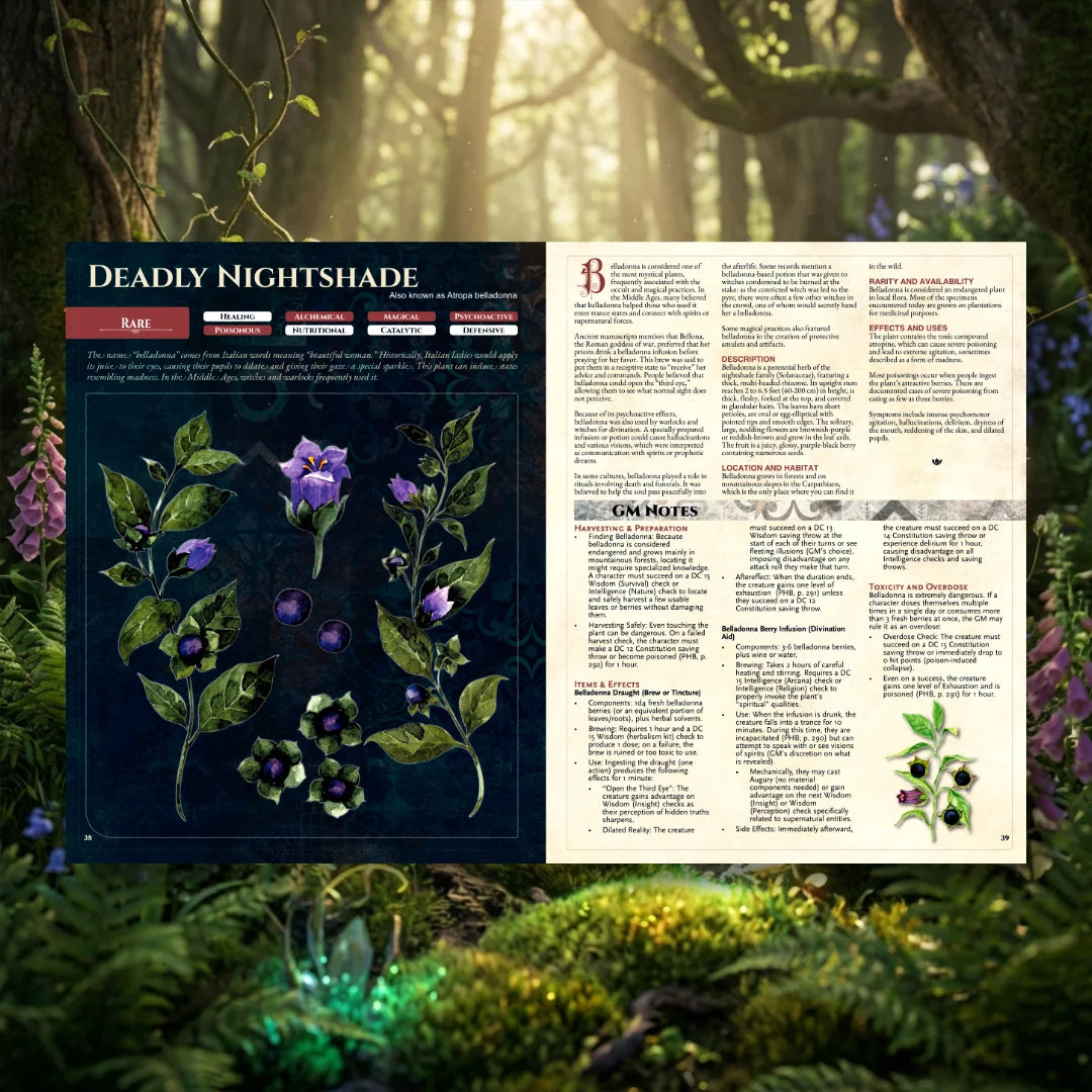 Book spread featuring Nightshade, a unique dnd magical herb from the Witch’s Herbs 5E book. The left page shares the herb’s folklore, origins, and botanical lore, while the right page presents detailed mechanics for the 5e herbalism kit, crafting dnd potions, and alchemy dnd. Perfect for players and collectors searching for dnd books, dnd books 5e, dnd 5e books, 5e tool, dnd potions, dnd magic items, health potion dnd 5e, and new dungeons and dragons content to expand their tabletop campaigns; fernflower