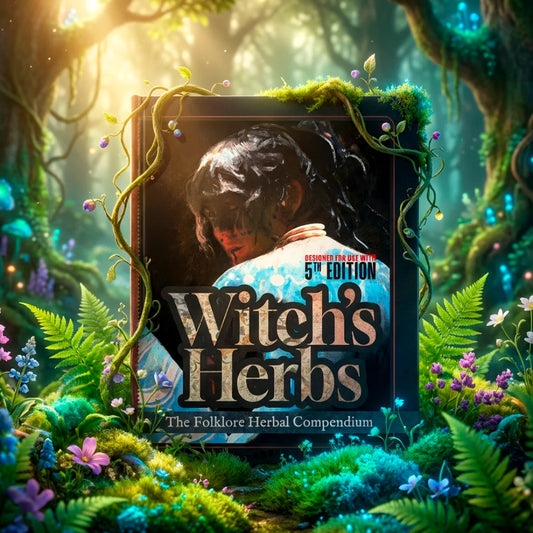 Cover art for Witch's Herbs: The Folklore Herbal Compendium 5E, featuring a mysterious witch. This comprehensive herbal tool and herb list is perfect for a master herbalist or alchemist. Use your 5e herbalism kit and alchemist supplies to forage dnd herbs for your herbalism practice, and craft a standard healing potion 5e, a greater healing potion, and other unique dnd healing potions. fernflowerpress.com