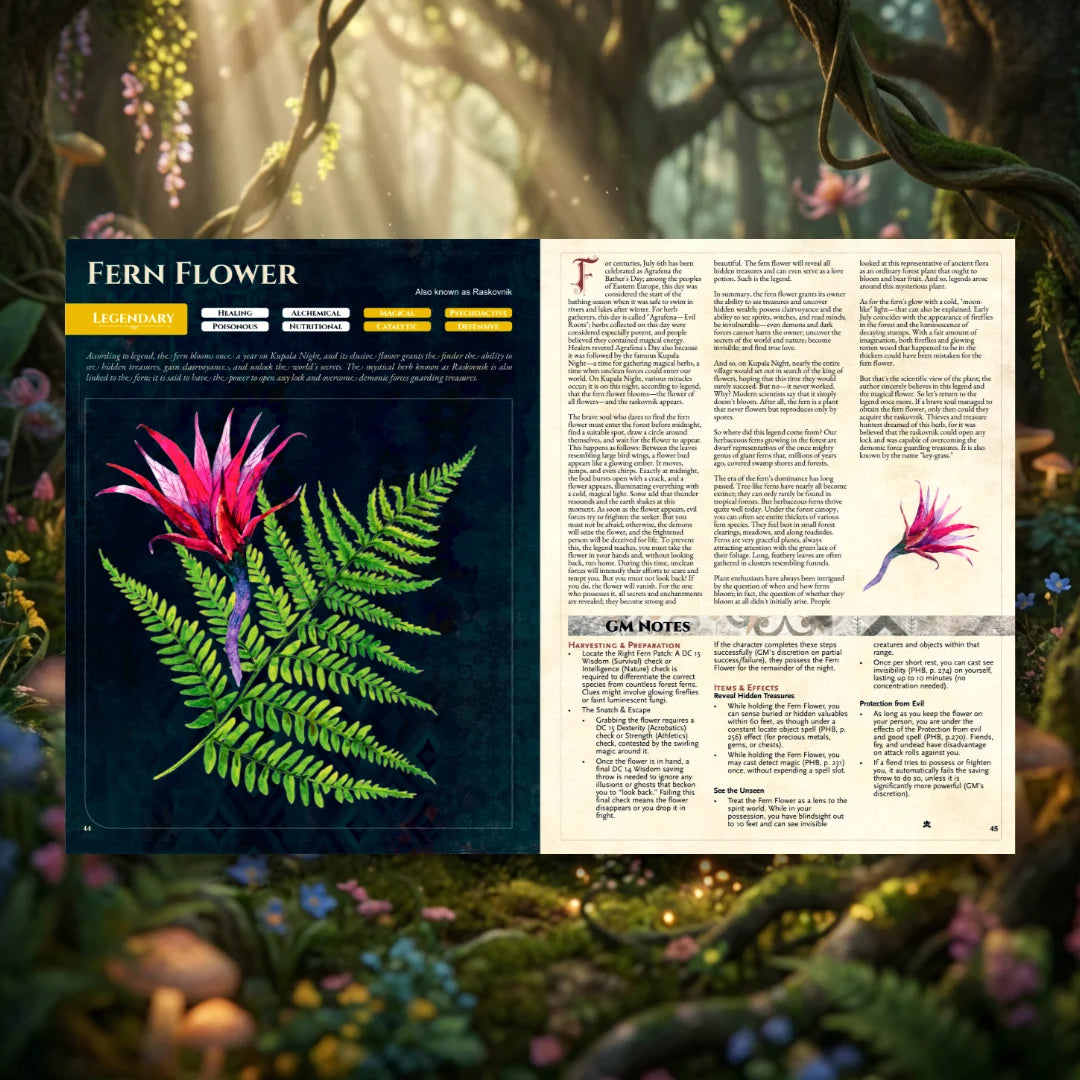 A detailed book spread from Witch's Herbs 5E by fernflowerpfeaturing the legendary Fern Flower. Serving as an essential herbal tool, the left page explores mythical botanical lore and expands your herb list with rare dnd herbs for any master herbalist. The right page presents robust mechanics for your 5e herbalism kit and alchemist supplies. Discover how an alchemist or herbalist can master herbalism to craft a standard healing potion, a healing potion 5e, a greater healing potion, and other mystical dnd he