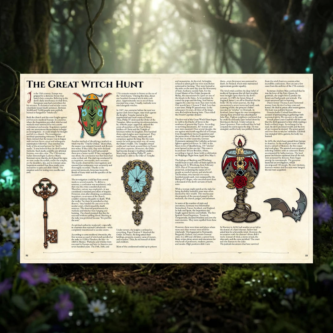 Book spread featuring herbalism and potion crafting, a unique dnd resource from the Witch’s Herbs 5E book. The left page shares lore and illustrations of magical plant gathering and folklore, while the right page presents detailed mechanics for the 5e herbalism kit, alchemy dnd, and crafting dnd potions. Perfect for players and collectors searching for dnd books, dnd books 5e, dnd 5e books, 5e tool, dnd magic items, dnd craft, and new dungeons and dragons content to expand their tabletop campaig; fernflower