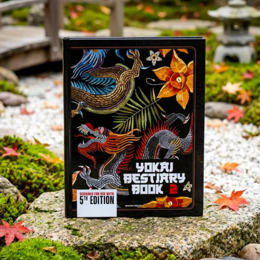 Book cover of Yokai Bestiary 5e book two, a must-have dnd 5e book featuring unique dnd monsters, d&d monster lore, and adventure hooks inspired by Japanese legends. Perfect addition for anyone searching for dnd books, dnd books 5e, dnd 5e books, or d and d monsters to expand their dungeons and dragons monsters collection, Yokai and enhance campaign adventures fernflowerpress.com