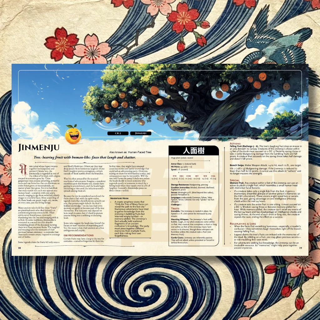 Book spread featuring Jinmenju, a unique dnd monster from Yokai Bestiary dnd 5e book. The left page presents Jinmenju’s legend, origins, and folklore, while the right page displays a detailed dnd 5e stat block and adventure hooks. Perfect resource for players and collectors looking for dnd books, dnd 5e books, dnd books 5e, d&d monster lore, dnd monsters, d and d monsters, and new dungeons and dragons monsters to enrich campaigns and expand dnd libraries; fernflowerpress.com