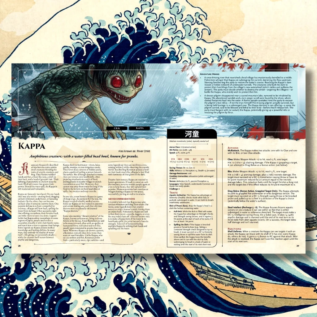 Book spread featuring Tenome, a unique dnd monster from the Yokai Bestiary dnd 5e book. The left page shares Kappa legend, origins, and folklore, while the right page presents a detailed dnd 5e stat block and adventure hooks. Perfect for players and collectors searching for dnd books, dnd books 5e, dnd 5e books, d&d monster lore, dnd monsters, d and d monsters, and new dungeons and dragons monsters to expand their tabletop campaigns; fernflowerpress.com