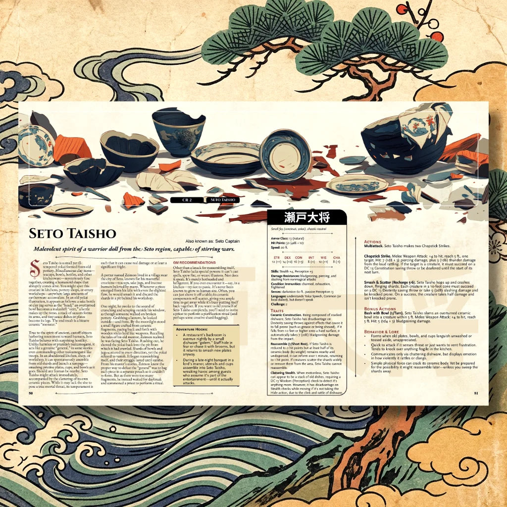 Book spread featuring Tenome, a unique dnd monster from the Yokai Bestiary dnd 5e book. The left page shares Seto Taisho legend, origins, and folklore, while the right page presents a detailed dnd 5e stat block and adventure hooks. Perfect for players and collectors searching for dnd books, dnd books 5e, dnd 5e books, d&d monster lore, dnd monsters, d and d monsters, and new dungeons and dragons monsters to expand their tabletop campaigns; fernflowerpress.com