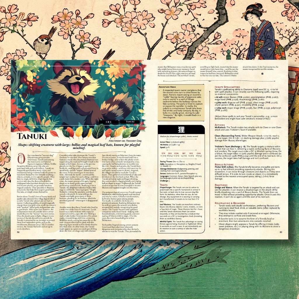 Book spread featuring Tanuki, a unique dnd monster from the Yokai Bestiary dnd 5e book. The left page presents the Tanuki legend and folklore while the right page shows the dnd 5e stat block and adventure hooks. Perfect for players and collectors searching for dnd books, dnd books 5e, dnd 5e books, d&d monster ideas, dnd monsters, d and d monsters, and new dungeons and dragons monsters inspired by Japanese mythology for enriching tabletop campaigns. fernflowerpress.com