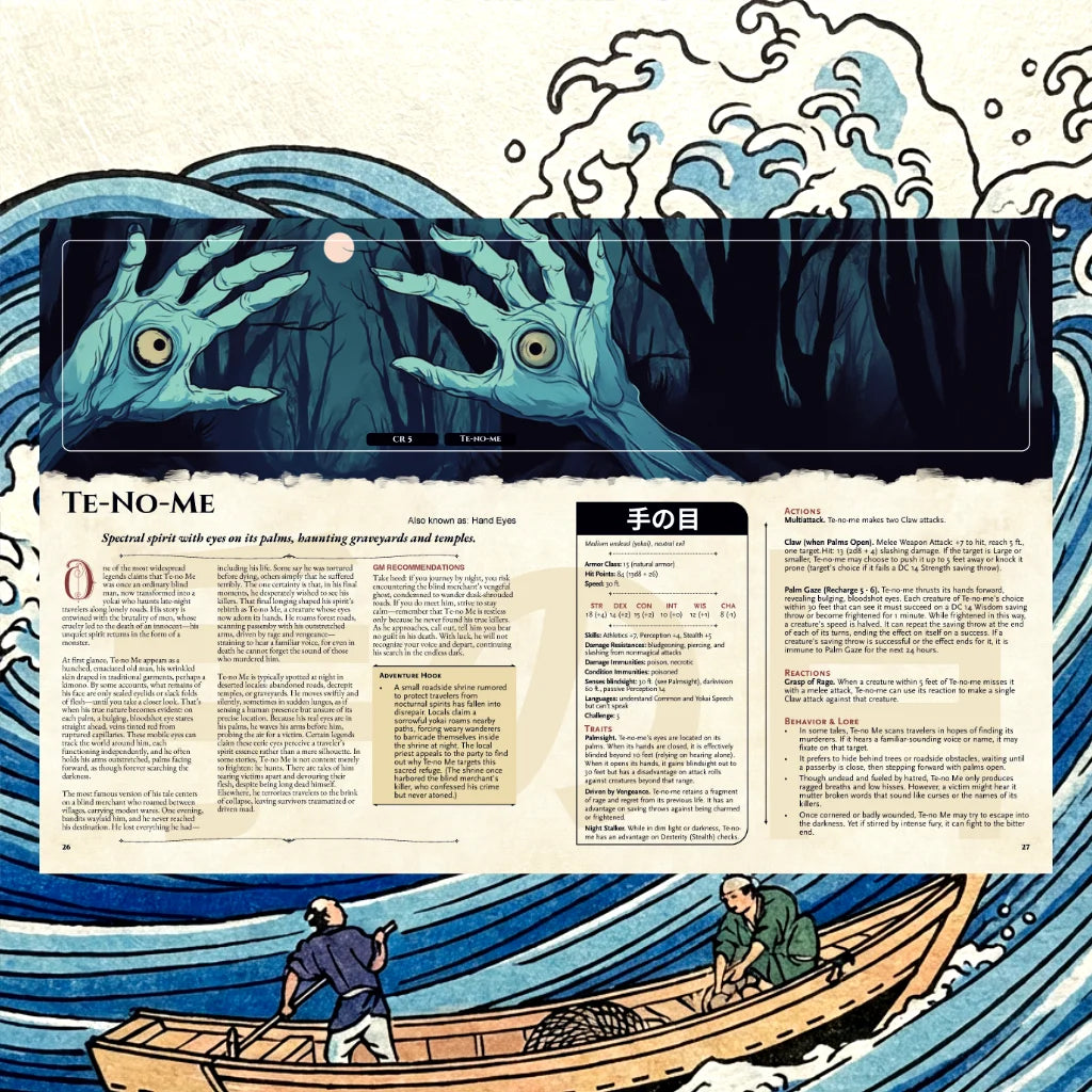 Book spread featuring Tenome, a unique dnd monster from the Yokai Bestiary dnd 5e book. The left page shares Tenome’s legend, origins, and folklore, while the right page presents a detailed dnd 5e stat block and adventure hooks. Perfect for players and collectors searching for dnd books, dnd books 5e, dnd 5e books, d&d monster lore, dnd monsters, d and d monsters, and new dungeons and dragons monsters to expand their tabletop campaigns; fernflowerpress.com