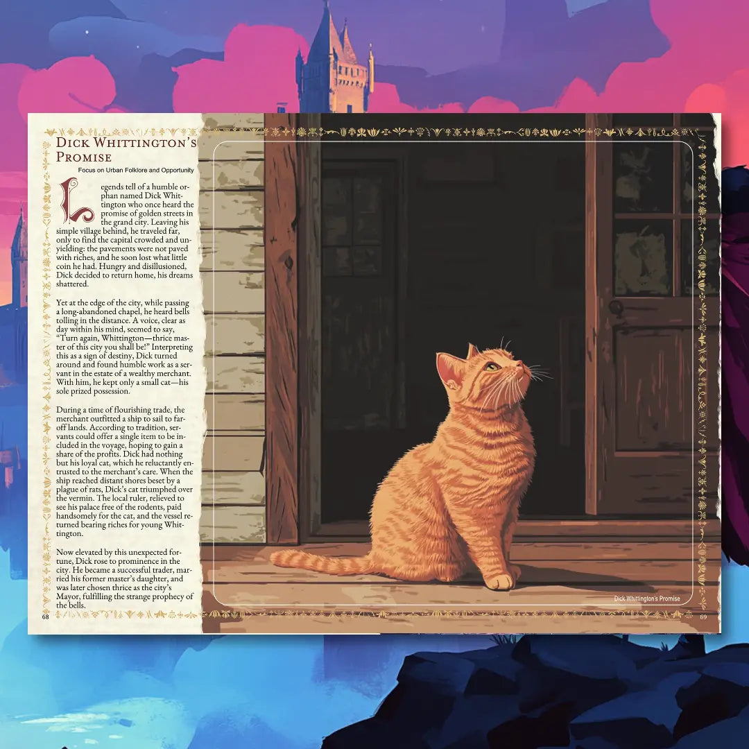 Book spread from an urban folklore RPG book on fernflowerpress.com featuring a short legend, brief story, and adventure plot hook. Perfect for tabletop RPG campaigns, roleplaying game masters, and players seeking city-based legends, urban myths, and creative scenario ideas. This RPG supplement includes folklore adventure hooks, storytelling inspiration, and campaign resources for exploration, diplomacy, and combat themes. fernflowerpress.com