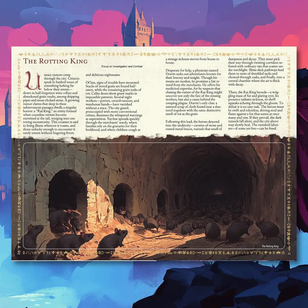 Book spread from an urban folklore RPG book on fernflowerpress.com, featuring a short legend, brief story, and adventure plot hook. Perfect for tabletop RPG campaigns, roleplaying game masters, and players seeking city-based legends, urban myths, and creative scenario ideas. This RPG supplement includes folklore adventure hooks, storytelling inspiration, and campaign resources for exploration, diplomacy, and combat themes. fernflowerpress.com
