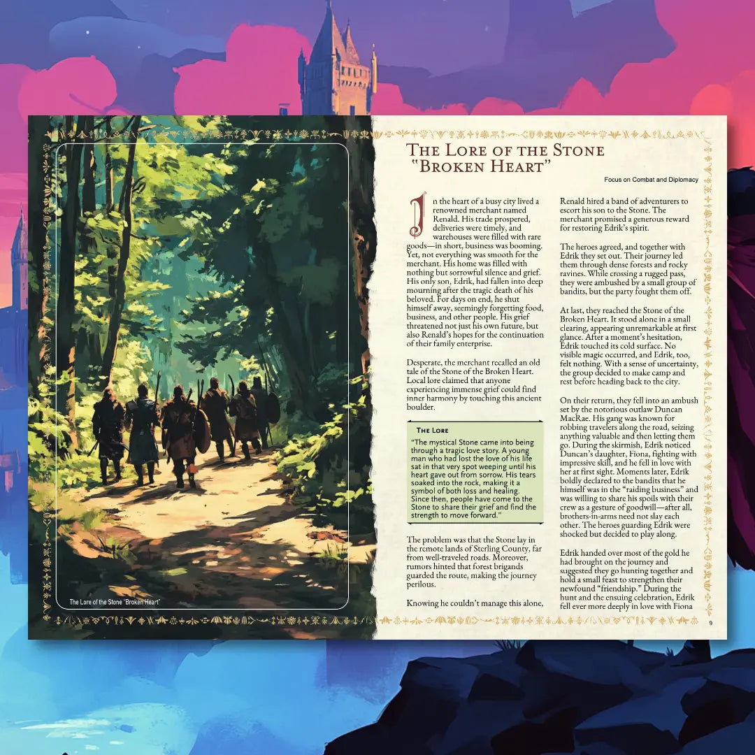 Book spread from an urban folklore RPG book on fernflowerpress.com, featuring a short legend, brief story, and adventure plot hook. Perfect for tabletop RPG campaigns, roleplaying game masters, and players seeking city-based legends, urban myths, and creative scenario ideas. This RPG supplement includes folklore adventure hooks, storytelling inspiration, and campaign resources for exploration, diplomacy, and combat themes. fernflowerpress.com