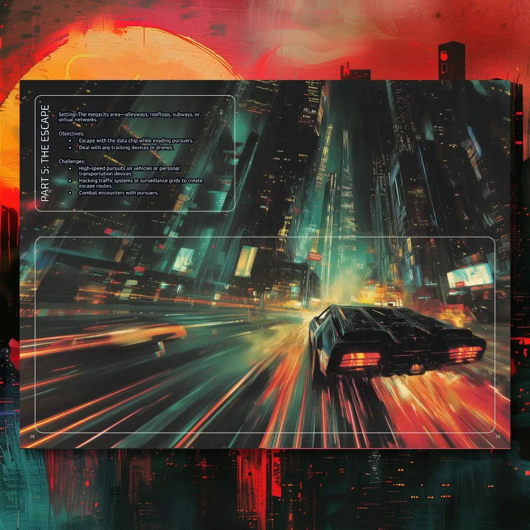 Two-page spread from Cyberpunk Scenarios [1st Book], showing the structure of a single mission scenario, including plot hooks, consequences, and resolution for a cyberpunk ttrpg session. fernflowerpress.com