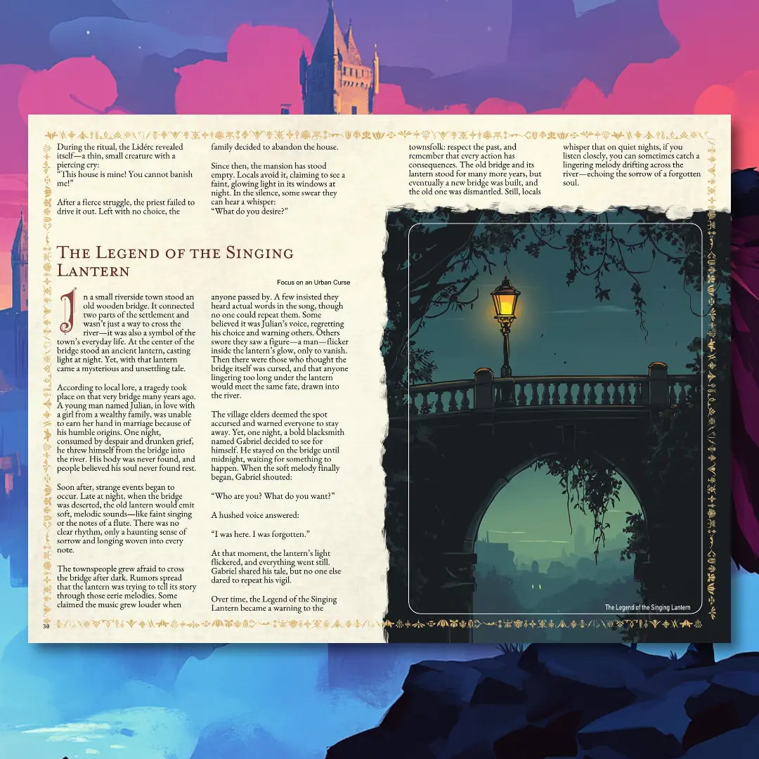 Book spread from an urban folklore RPG book on fernflowerpress.com, featuring a short legend, brief story, and adventure plot hook. Perfect for tabletop RPG campaigns, roleplaying game masters, and players seeking city-based legends, urban myths, and creative scenario ideas. This RPG supplement includes folklore adventure hooks, storytelling inspiration, and campaign resources for exploration, diplomacy, and combat themes. fernflowerpress.com