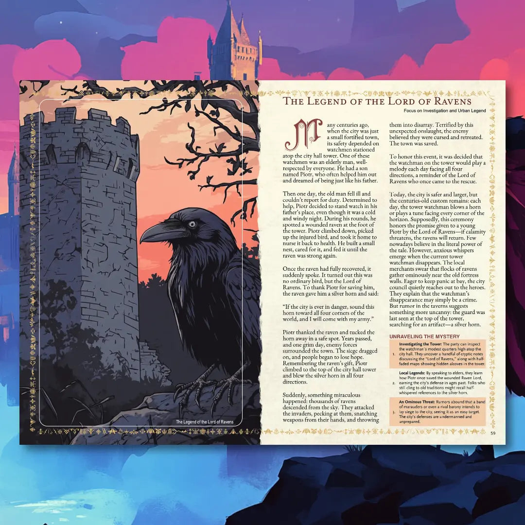 Book spread from an urban folklore RPG book on fernflowerpress.com, featuring a short legend, brief story, and adventure plot hook. Perfect for tabletop RPG campaigns, roleplaying game masters, and players seeking city-based legends, urban myths, and creative scenario ideas. This RPG supplement includes folklore adventure hooks, storytelling inspiration, and campaign resources for exploration, diplomacy, and combat themes.  fernflowerpress.com
