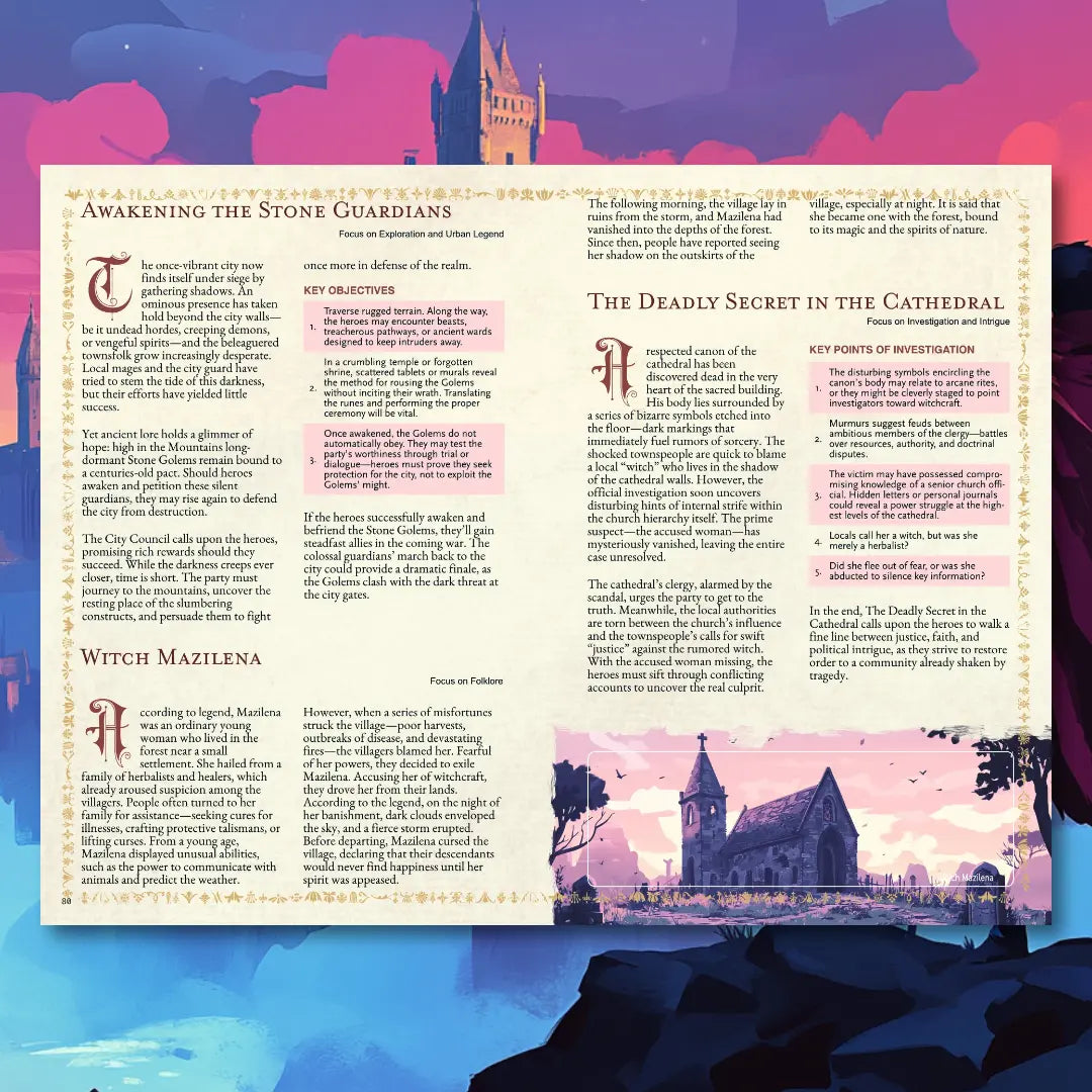 Book spread from an urban folklore RPG book on fernflowerpress.com, featuring a short legend, brief story, and adventure plot hook. Perfect for tabletop RPG campaigns, roleplaying game masters, and players seeking city-based legends, urban myths, and creative scenario ideas. This RPG supplement includes folklore adventure hooks, storytelling inspiration, and campaign resources for exploration, diplomacy, and combat themes. fernflowerpress.com