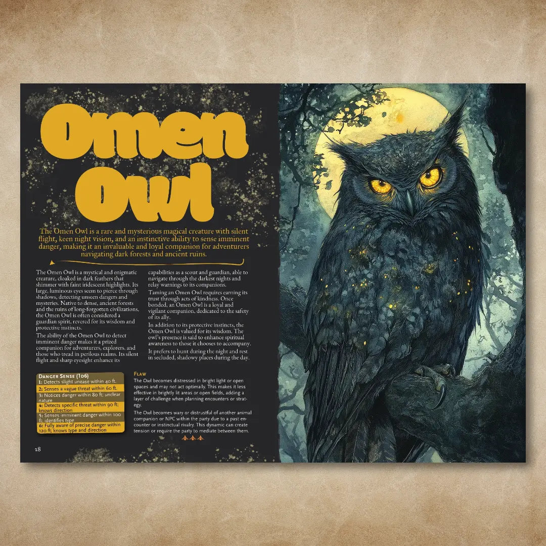 Discover the Omen Owl on this detailed book spread from A Bestiary of Companions for 5E by afernflowerpress.com A standout among dnd books and dnd books 5e, this page features a complete stat block, rich lore, and adventure hooks. DMs looking to expand their collection of dnd 5e books will find unique d&d monster abilities here. Perfect for bringing mysterious dungeons and dragons monsters, loyal d and d monsters, and fresh dnd monsters into your tabletop roleplaying campaigns. fernflowerpress.com