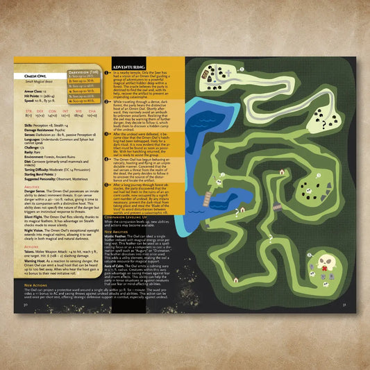 Explore a detailed book spread from A Bestiary of Companions for 5E at fernflowerpress.com Standing out among dnd books and dnd books 5e, this page reveals an illustrated fantasy map, adventure hooks, and a robust stat block. It's a goldmine for DMs collecting dnd 5e books, providing fresh dungeons and dragons monsters with unique d&d monster abilities. Elevate your tabletop campaigns with creative encounters, adding exciting new dnd monsters and loyal d and d monsters to your expanding library. 