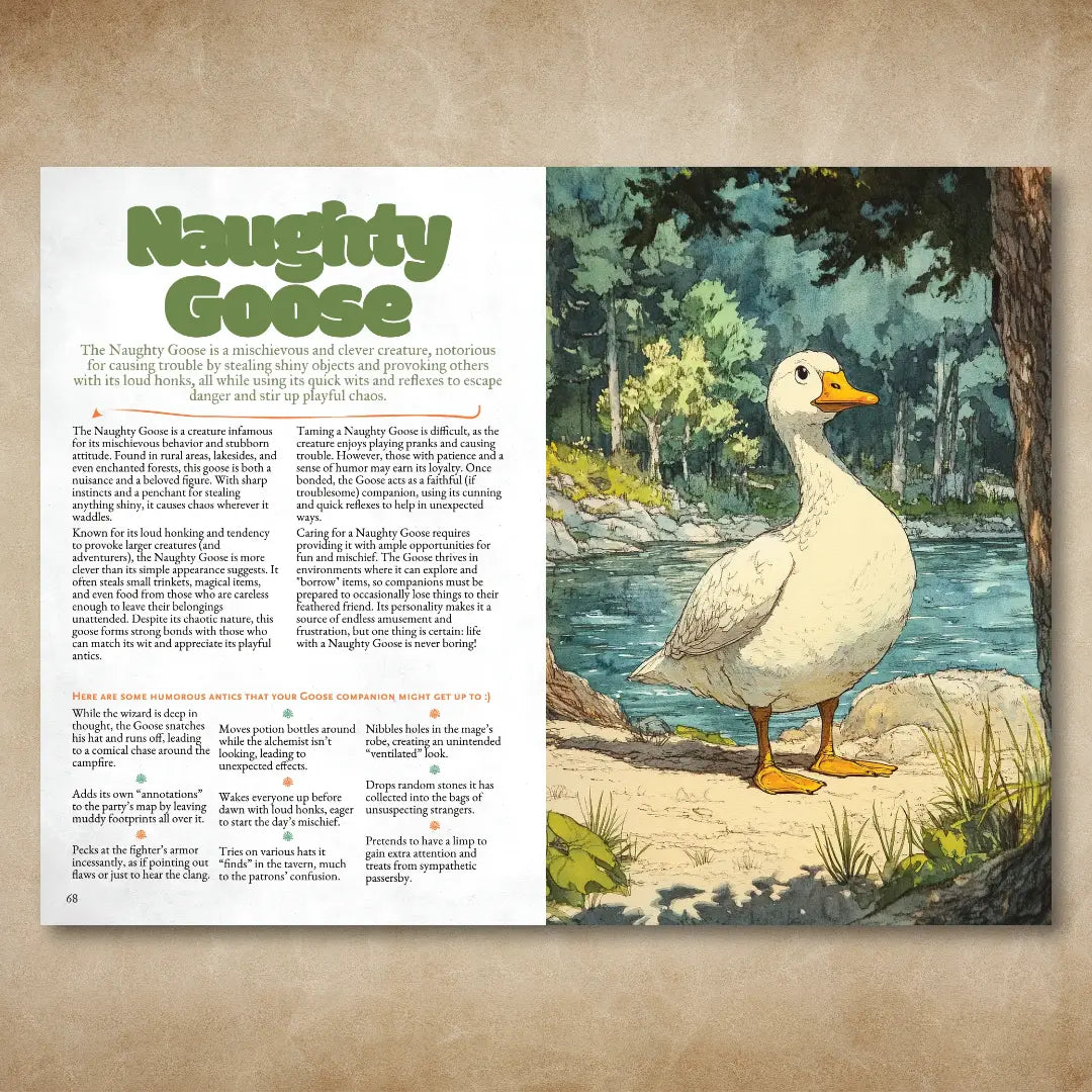 Immerse your players in adventure with this book spread from A Bestiary of Companions for 5E by fernflowerpress.coFeaturing an illustrated fantasy map, engaging hooks, and a detailed stat block, it stands out among dnd books and dnd 5e books. Bring your tabletop campaigns to life with a unique d&d monster and fresh dnd monsters. A perfect addition to any dnd books 5e collection, packed with exciting dungeons and dragons monsters and creative d and d monsters to inspire your next session. fernflowerpress.com