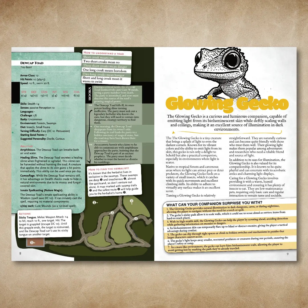 Book spread from "A Bestiary of Companions for 5E" on fernflowerpress.com featuring the stat block, adventure hooks, and companion description for the Glowing Gecko. Includes unique creature abilities and creative options for fantasy campaigns and roleplaying adventures, making it a valuable resource for players and collectors of fantasy bestiaries. fernflowerpress.com