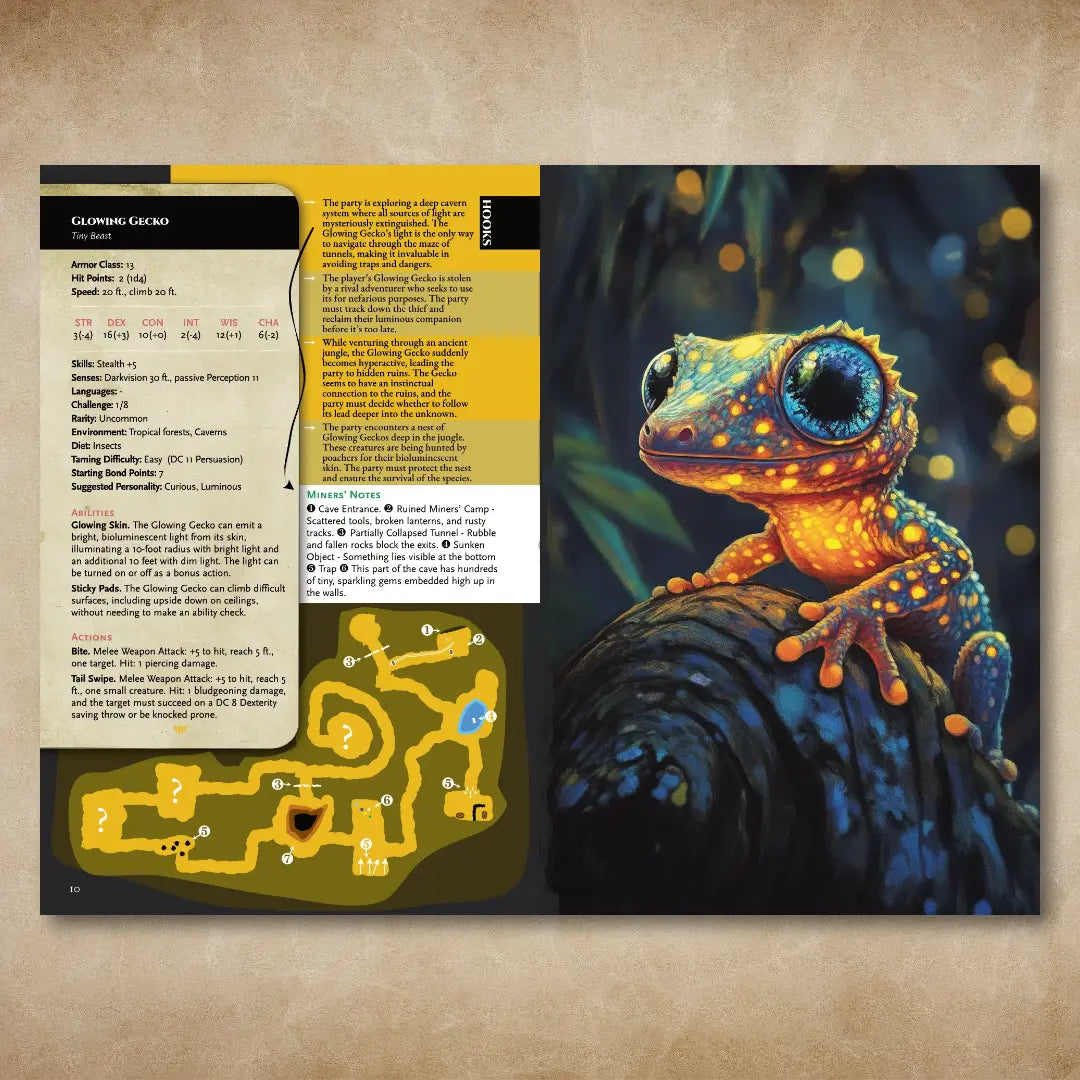 Book spread from "A Bestiary of Companions for 5E" on A4Play.com, featuring a detailed illustration, stat block, adventure hooks, and companion description for the Glowing Gecko. Includes unique abilities and creative options for fantasy campaigns and roleplaying adventures, designed for those seeking new monsters and companion ideas for their game. fernflowerpress.com