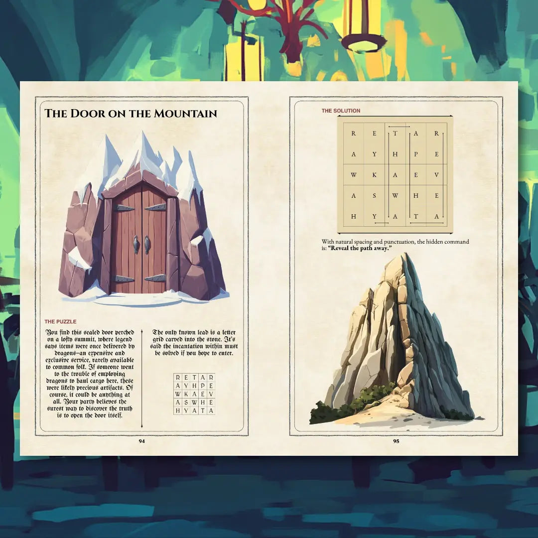 Puzzle "Coin Puzzles and Lock Challenges For Your Adventures," featuring illustrated coins, puzzle pieces, locks, and treasure chests. Designed for tabletop roleplaying Game Masters, this guide highlights creative coin-based riddles, chest and door puzzles, and adventure hooks to add interactive and memorable challenges to any campaign. fernflowerpress.com