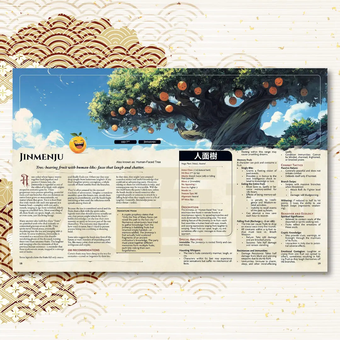 Book spread from the Yokai Bestiary OSE book featuring the  monster Jimenju, with a detailed legend and OSE stat block. This supplement for OSE books is inspired by Japanese folklore and offers unique dnd monsters, adventure hooks, and rich lore. Perfect for those expanding their books OSE or OSE monsters collections and looking for new monsters for campaigns. fernflowerpress.com