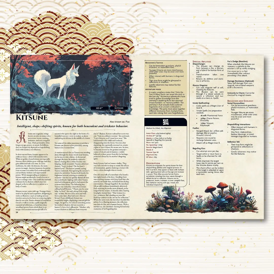 Book spread from the Yokai Bestiary OSE book featuring the OSE monster Kitsune, complete with a folklore legend and 5e stat block. This supplement is perfect for fans of OSE books, OSE books, and those looking for new OSE monsters, OSE monsters, and monsters based on Japanese mythology for their campaigns. fernflowerpress.com