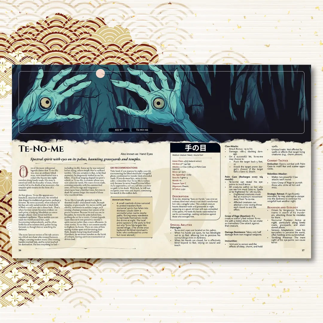 Book spread from the Yokai Bestiary OSE OLD-School Essentials book featuring the OSE monster Te-no-me, with a detailed legend and stat block. This supplement for books is inspired by Japanese folklore and offers unique monsters, new story hooks, and creative lore. Perfect for expanding your collection of OSE OLD-School Essentials books, monsters, and monsters for tabletop adventures. fernflowerpress.com