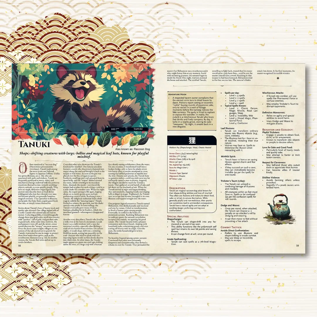 Book spread from the Yokai Bestiary OSE OLD-School Essentials book featuring the monster Tanuki, complete with a folklore legend and OSE OLD-School Essentials stat block. This supplement is perfect for fans of OSE OLD-School Essentials, books, and those looking for new monsters inspired by Japanese mythology to enhance their campaigns. fernflowerpress.com