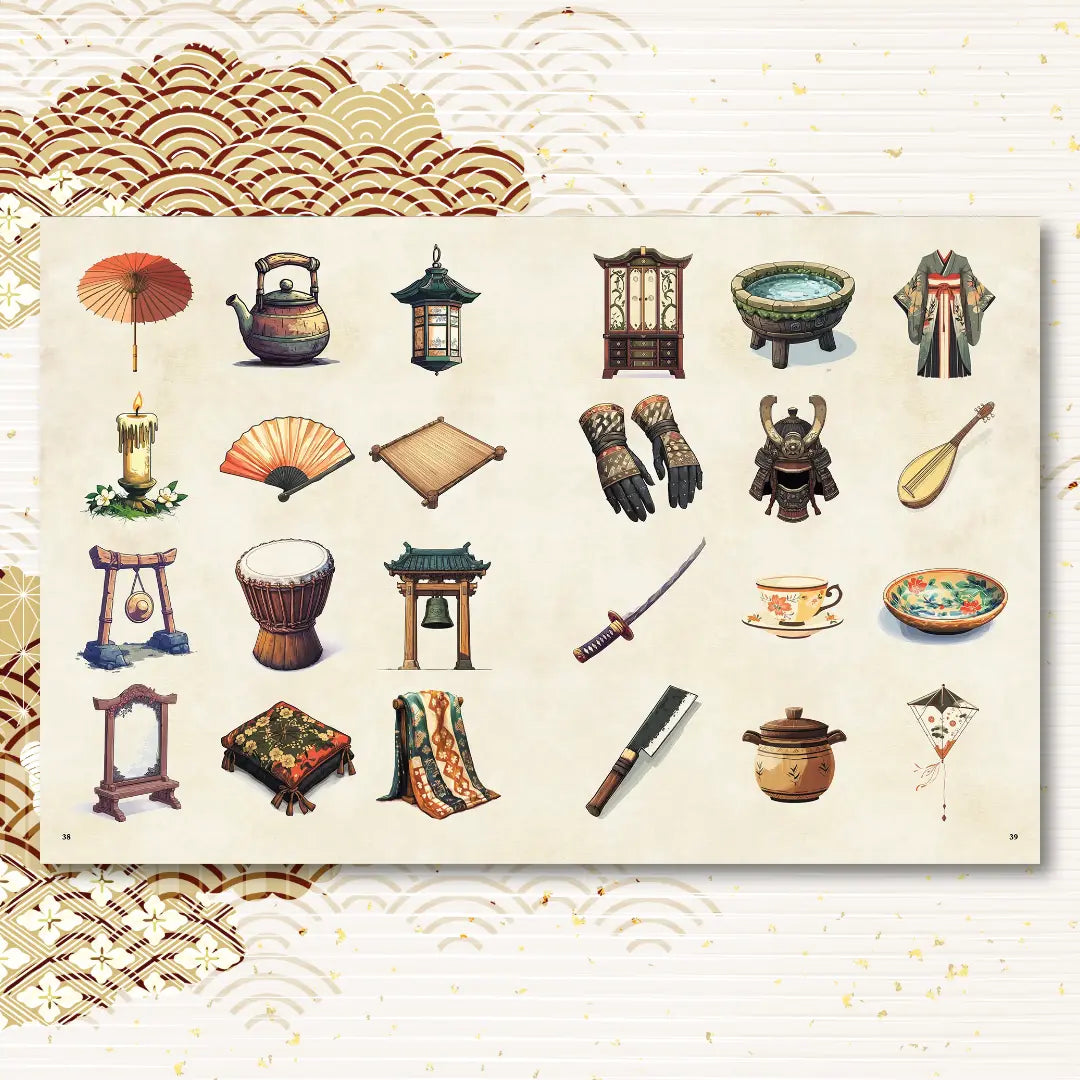 Book spread from the Yokai Bestiary OSE OLD-School Essentials mystical Japanese items, ideal for OSE OLD-School Essentials books, and those seeking unique OSE OLD-School Essentials monsters and magical artifacts. This supplement offers new  monsters, adventure hooks, and original lore inspired by Japanese folklore for players and storytellers expanding their monsters collection. fernflowerpress.com