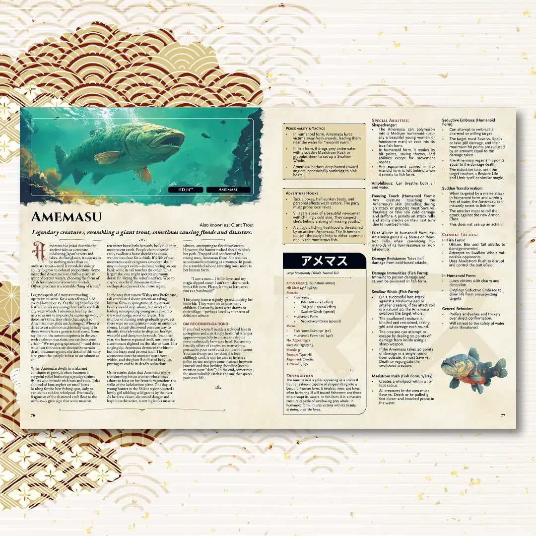 Book spread from the Yokai Bestiary dnd book featuring the OSE OLD-School Essentials monster Amemasu, complete with a detailed legend and stat block. This supplement for OSE OLD-School Essentials books offers unique monsters, rich folklore, and adventure hooks, ideal for expanding your OSE  books collection with new monsters and creative monsters for imaginative campaigns. fernflowerpress.com