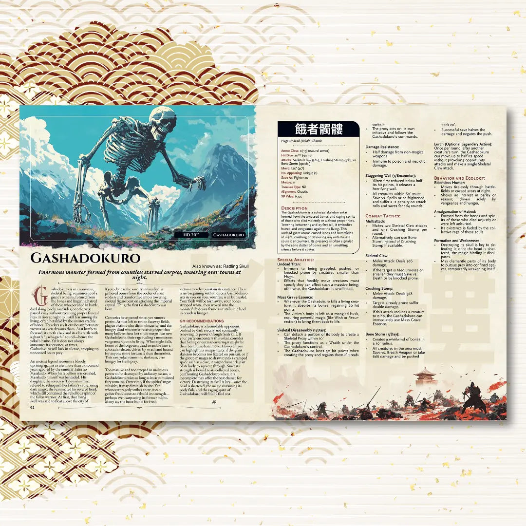Open book spread from a OSE OLD-School Essentials book featuring Gashodakuro, a terrifying OSE monster inspired by Japanese folklore. The page displays the monster’s legend, lore, and story hook on the left, with a detailed OSE  stat block on the right, ideal for players and Game Masters looking for new OSE books. fernflowerpress.com