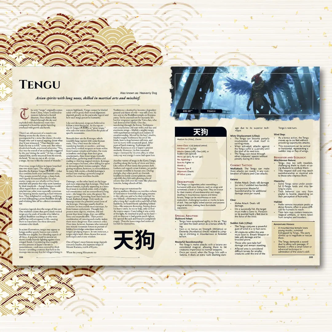 Open OSE OLD-School Essentials book spread featuring Tengu, a classic dnd monster inspired by Japanese folklore, with the left page showing the monster's legend, origin story, and lore, and the right page displaying a detailed OSE stat block. Perfect for enthusiasts searching for OSE books, or looking to add unique OSE monsters and OSE monsters to their campaign. This OSE adaptation brings fresh monster options and exciting monsters to tabletop adventures, fernflowerpress.com