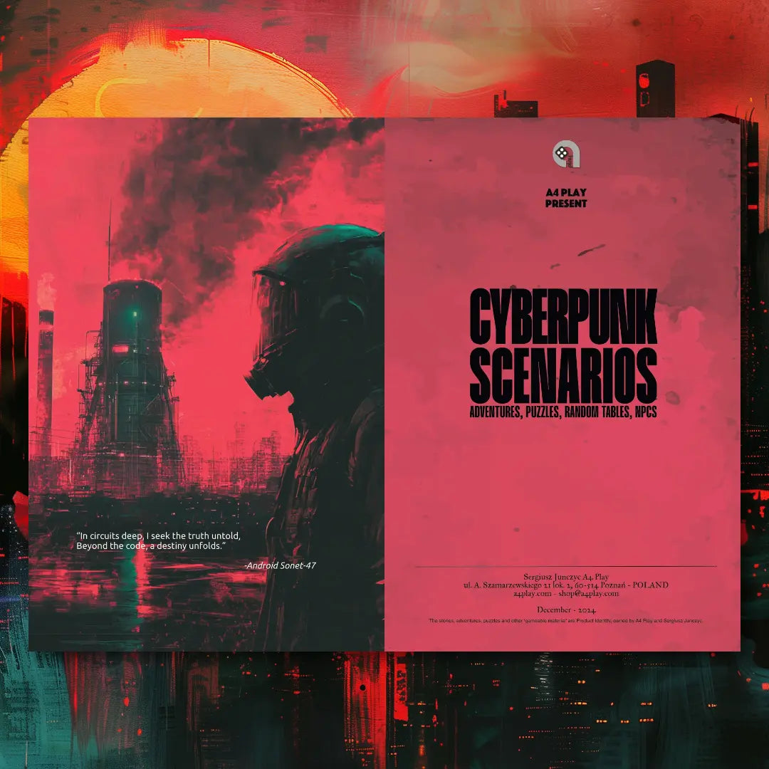 Cyberpunk Scenarios [1st Book], an anthology of ready-to-run mission scenarios, cyber puzzles, and random events for cyberpunk and ttrpg tabletop roleplaying games. fernflowerpress.com