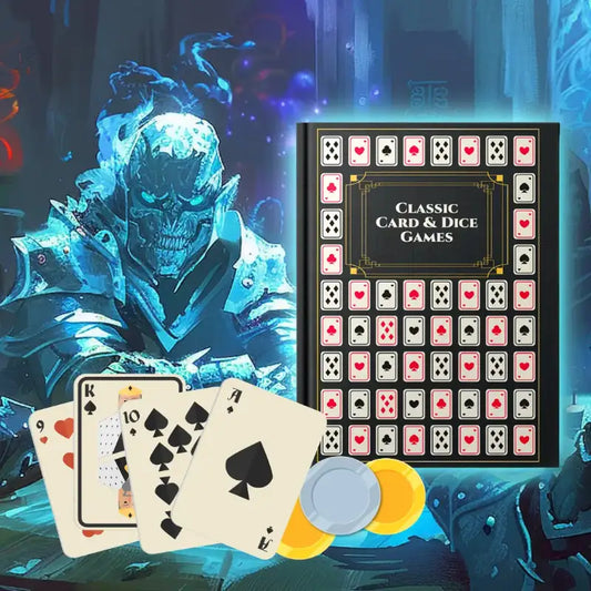 Cover art for Classic Card & Dice Games by fernflowerpress.com. A must-have addition to your collection of dnd books and dnd 5e books, this illustrated guide features over 100 card and dice games with clear rules. Perfect for bringing immersive tavern scenes and downtime diversions to life in your dnd 5e and dnd5e RPG campaigns. Elevate your tabletop experience with the best dnd books 5e.