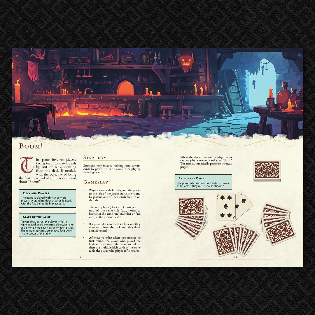 Book spread from "100 Games for your 5E Adventures, RPGs, and TTRPGs" on fernflowerpress.com, featuring detailed illustrated rules and gameplay for the classic card game Faro. Perfect for dnd books 5e fans, tabletop gamers, and anyone seeking new content for their dnd books, dnd 5e books, and dnd monsters collections. Includes game setup, playthrough examples fernflowerpress.com