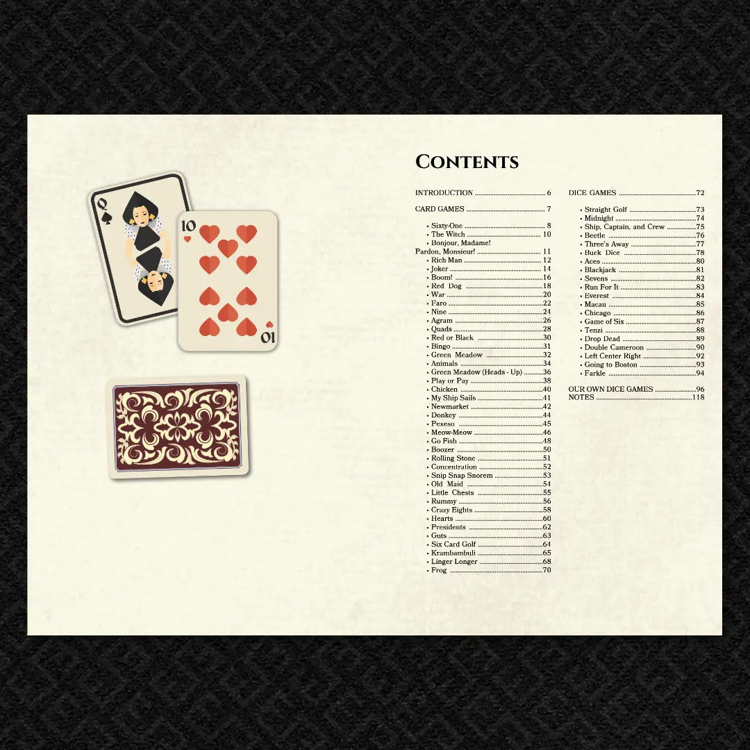 A detailed contents page from Classic Card & Dice Games by fernflowerpress.com. This essential guide for dnd 5e and dnd5e campaigns lists over 100 card and dice games to enhance your tavern scenes. As a must-have among dnd books and dnd 5e books, it offers players and DMs easy-to-find rules and downtime activities, making it one of the best dnd books 5e for expanding your tabletop RPG collection.