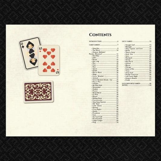 A detailed contents page from Classic Card & Dice Games by fernflowerpress.com. This essential guide for dnd 5e and dnd5e campaigns lists over 100 card and dice games to enhance your tavern scenes. As a must-have among dnd books and dnd 5e books, it offers players and DMs easy-to-find rules and downtime activities, making it one of the best dnd books 5e for expanding your tabletop RPG collection.