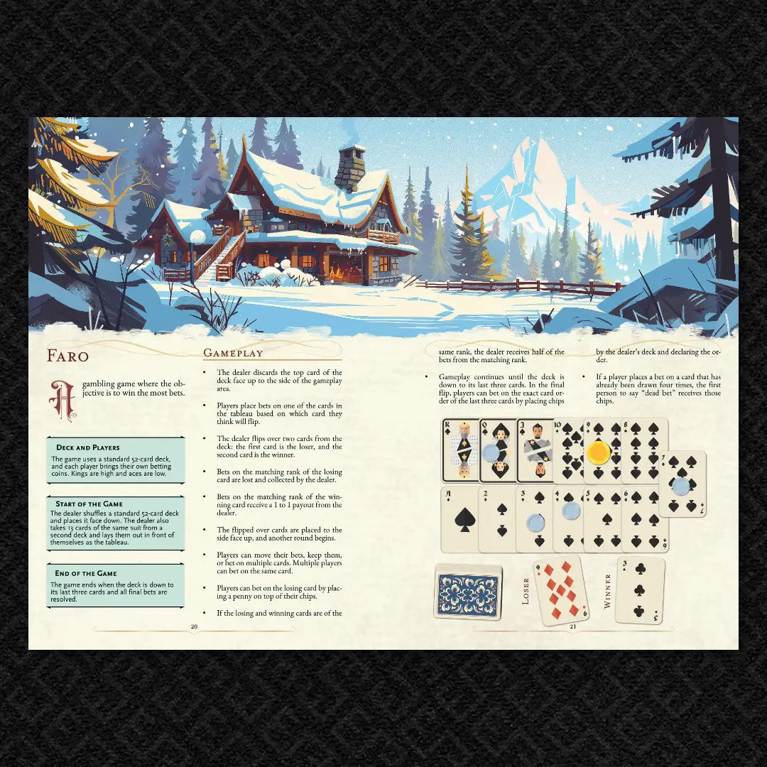 A detailed book spread from 100 Games for your 5E Adventures by fernflowerpress.com, showcasing illustrated rules for the classic Faro card game. Essential for gamers collecting dnd books and dnd 5e books, it provides clear setup and playthrough examples. Perfect for tavern downtime, offering your party a fun break from battling dnd monsters with the best dnd books 5e. fernflowerpress.com