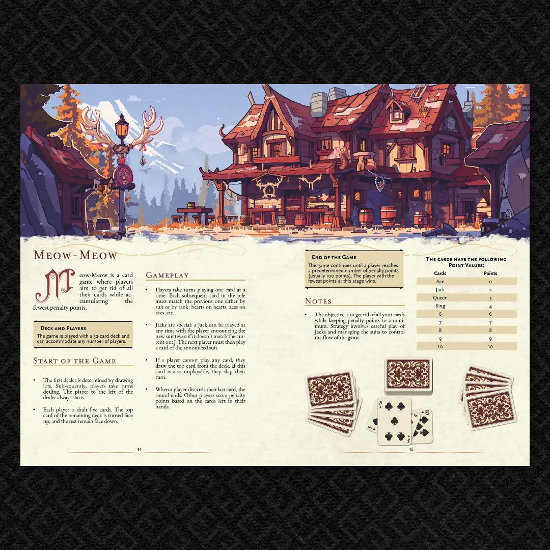 Book spread from "100 Games for your 5E Adventures, RPGs, and TTRPGs" on fernflowerpress.com, featuring detailed illustrated rules and gameplay for the classic card game Faro. Perfect for dnd books 5e fans, tabletop gamers, and anyone seeking new content for their dnd books, dnd 5e books, and dnd monsters collections. Includes game setup, playthrough examples fernflowerpress.com