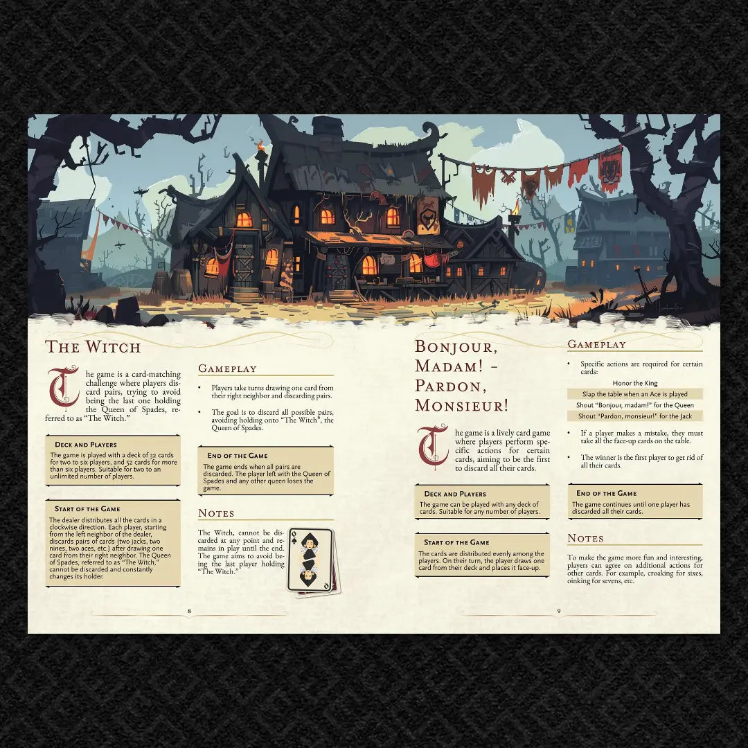 Book spread from "100 Games for your 5E Adventures, RPGs, and TTRPGs" on fernflowerpress.com, featuring detailed illustrated rules and gameplay for the classic card game Faro. Perfect for dnd books 5e fans, tabletop gamers, and anyone seeking new content for their dnd books, dnd 5e books, and dnd monsters collections. Includes game setup, playthrough examples fernflowerpress.com