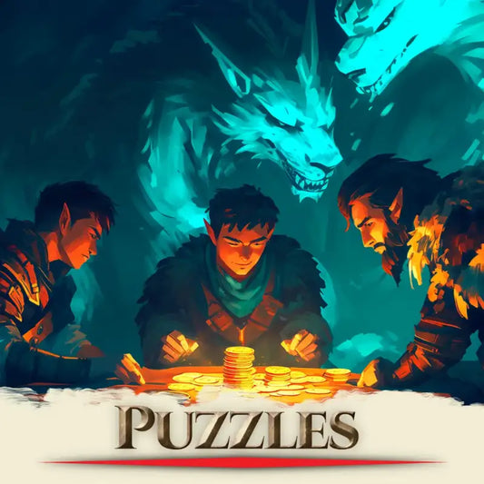 Main cover image for the book "Coin Puzzles and Lock Challenges For Your Adventures," featuring illustrated coins, puzzle pieces, locks, and treasure chests. Designed for tabletop roleplaying Game Masters, this guide highlights creative coin-based riddles, chest and door puzzles, and adventure hooks to add interactive and memorable challenges to any campaign. fernflowerpress.com