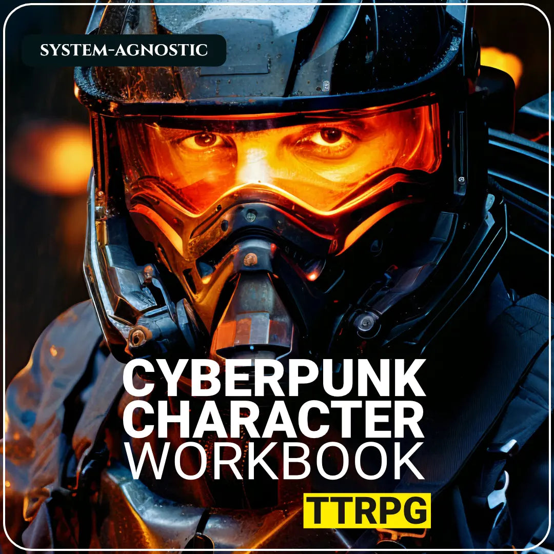 Cover art for the Cyberpunk Character Workbook, a guide to organizing and developing cyberpunk ttrpg characters, featuring examples for weapons, implants, stats, and custom game mechanics. fernflowerpress.com