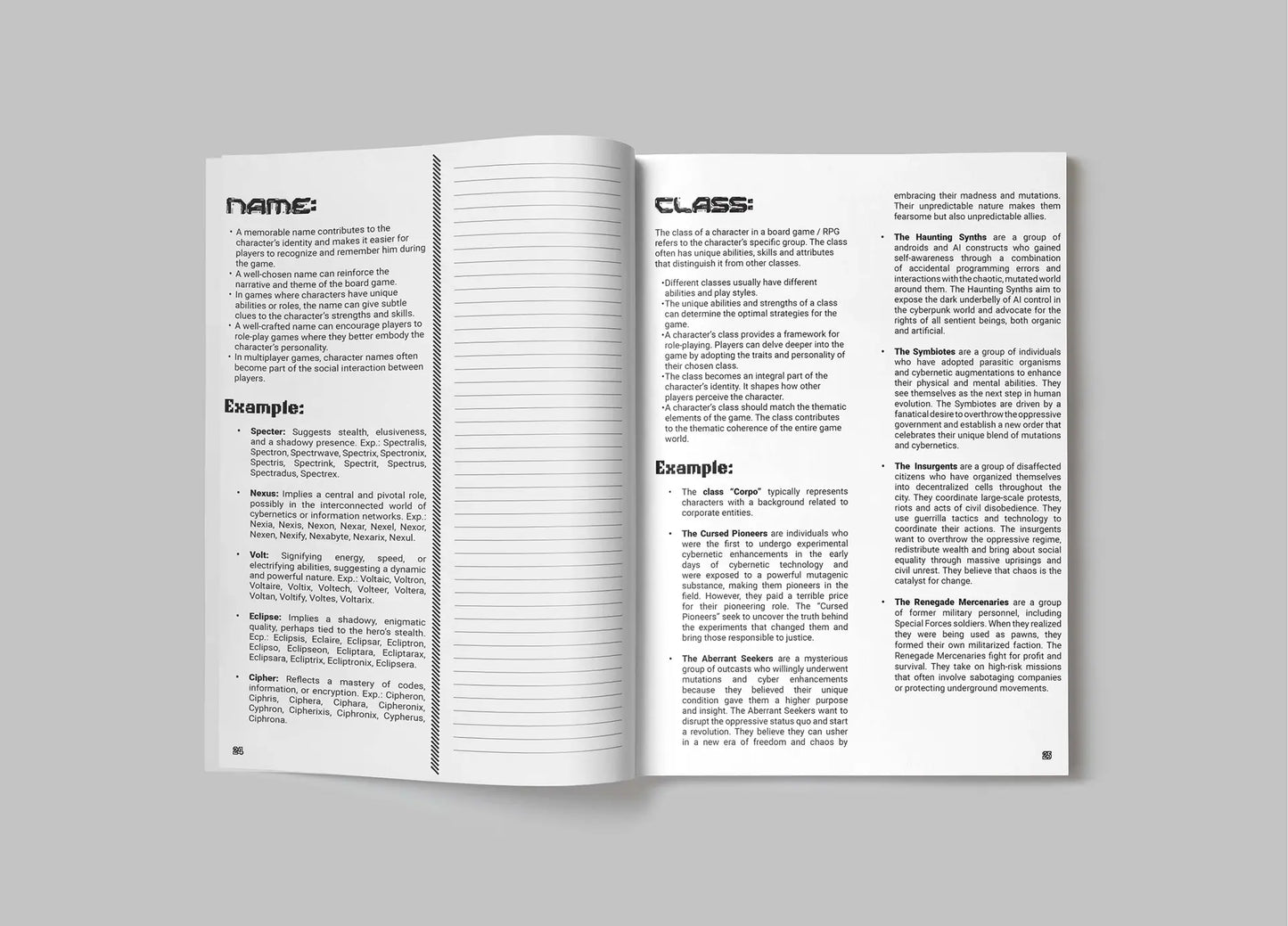 Sample page 3 from the Cyberpunk Character Workbook, detailing weapon and armor examples, stat calculations, and notes for organizing cyberpunk ttrpg character equipment. fernflowerpress.com