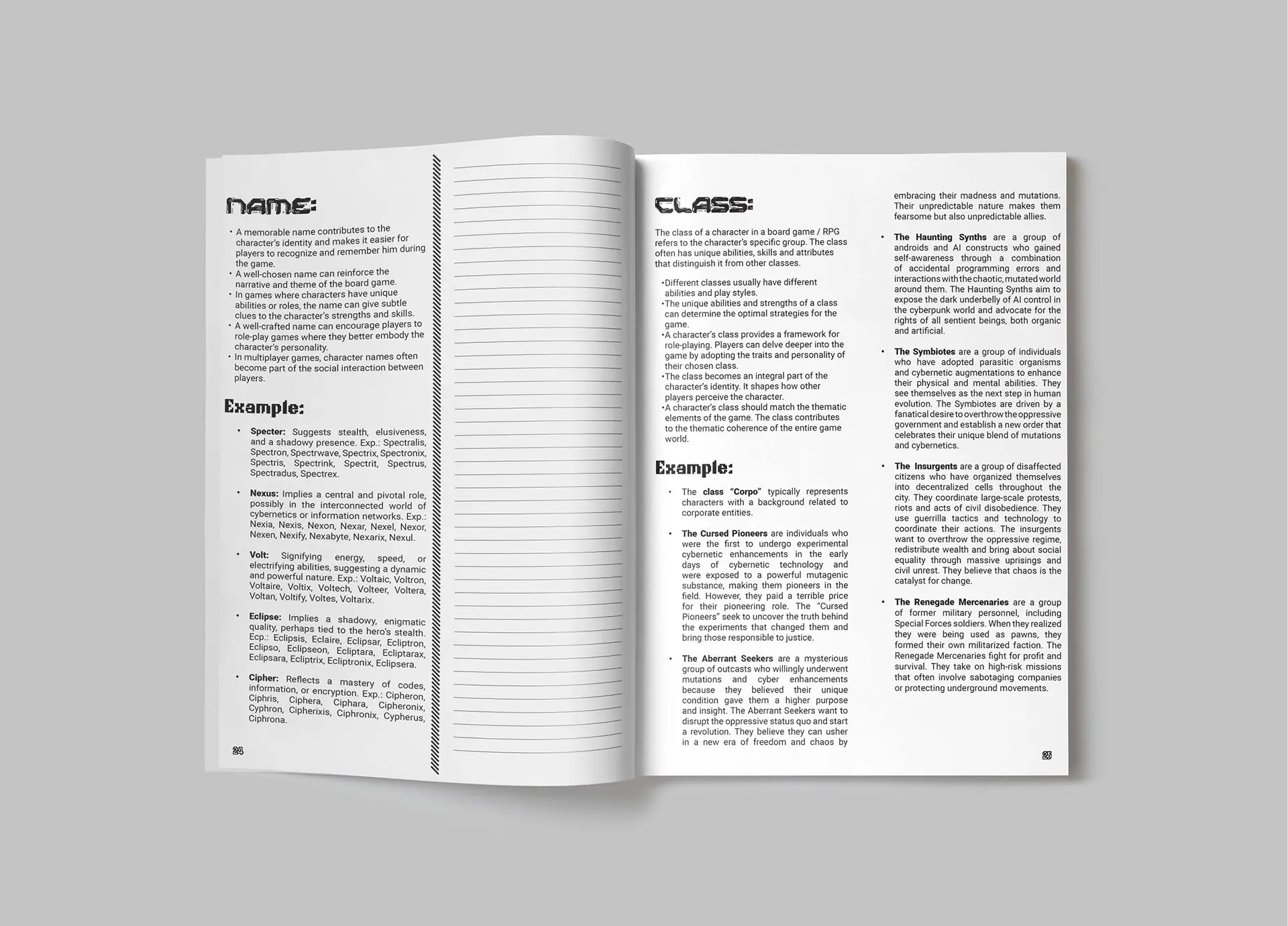 Sample page 3 from the Cyberpunk Character Workbook, detailing weapon and armor examples, stat calculations, and notes for organizing cyberpunk ttrpg character equipment. fernflowerpress.com