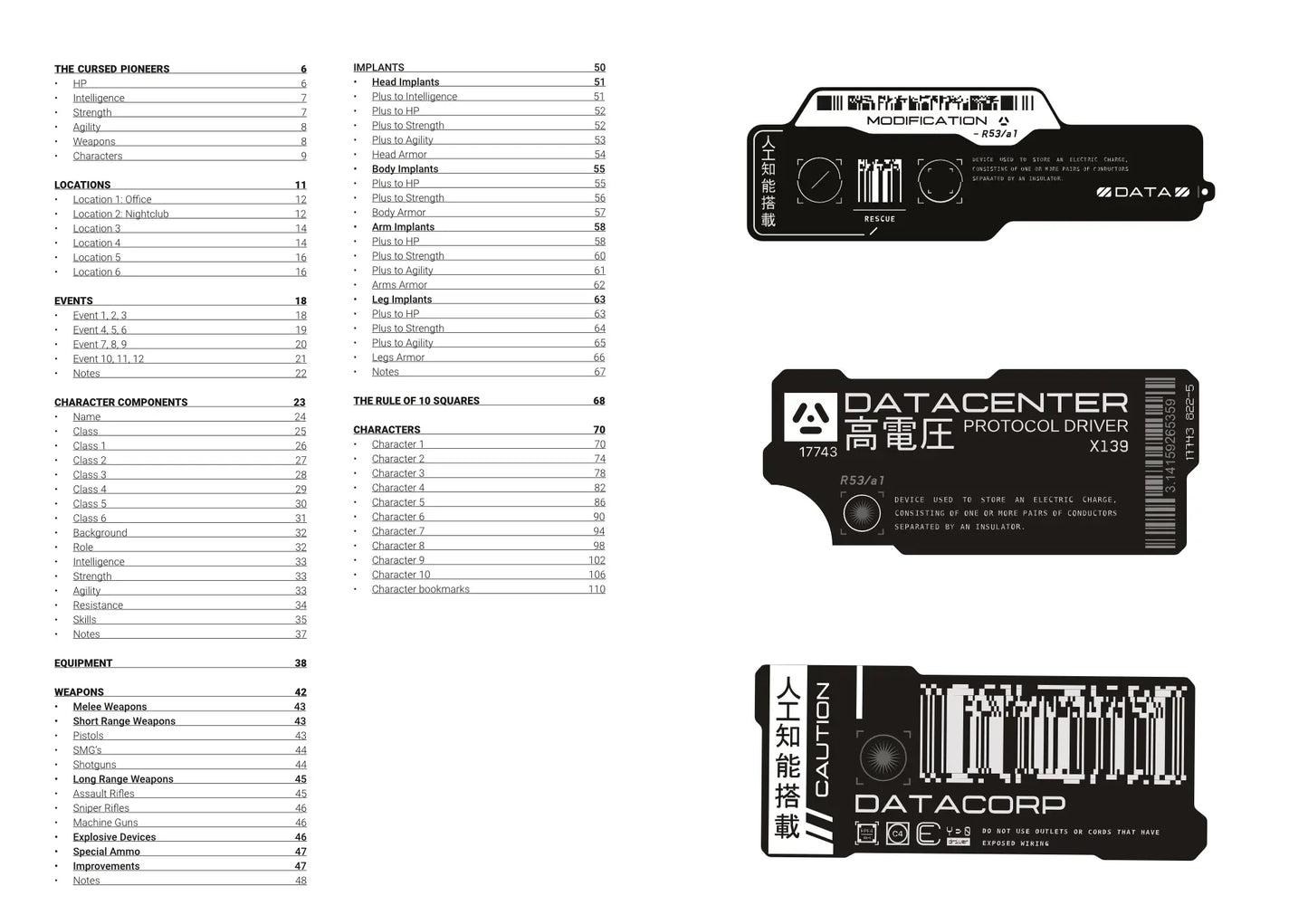 Table of Contents for the Cyberpunk Character Workbook, listing sections for character stats, weapons, implants, and custom game development examples for cyberpunk ttrpg creators. fernflowerpress.com